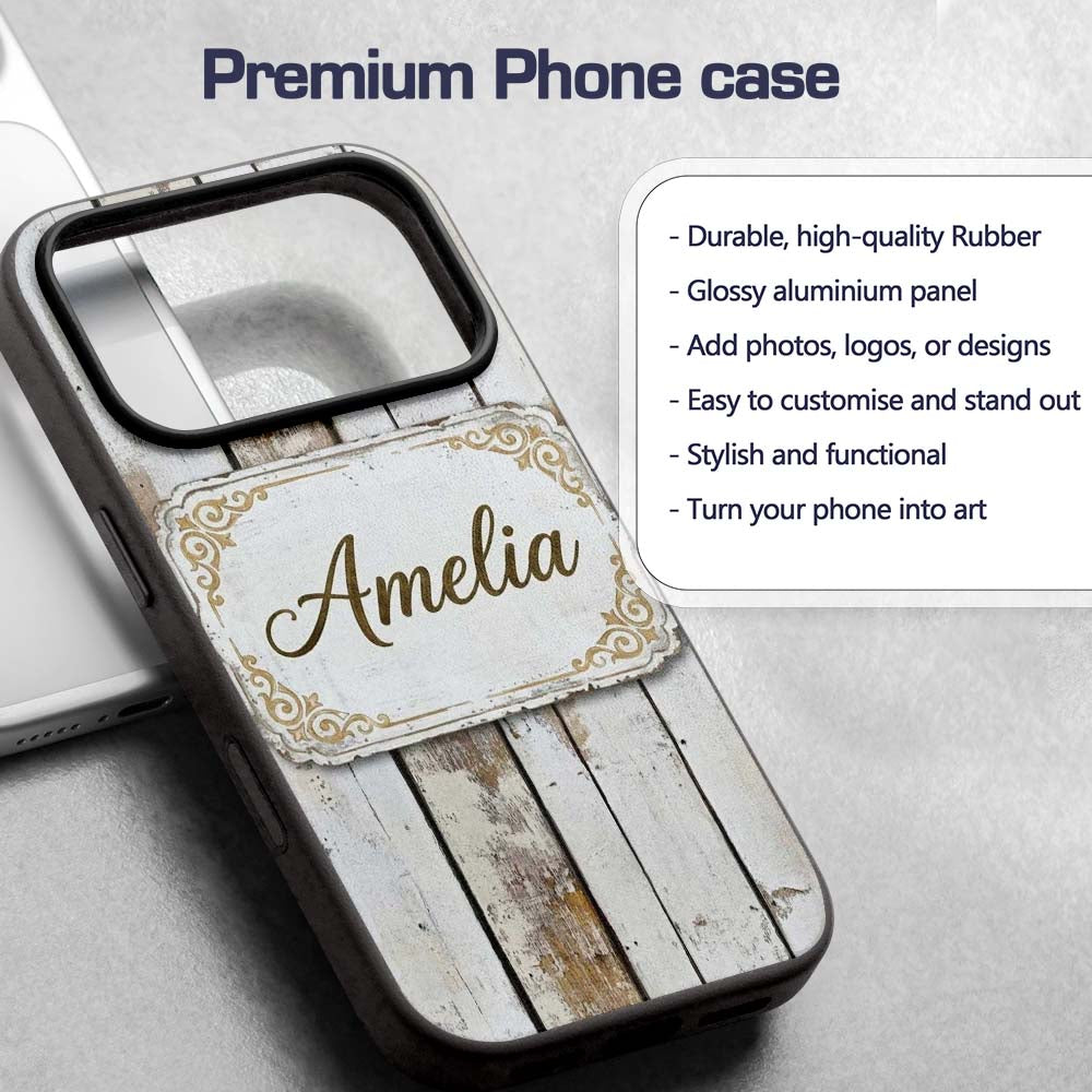 Vertical Weathered Wooden Planks Whitewashed Custom Name Protective Phone Case Mobile Cover Durable Everyday Smartphone Shock Resistant
