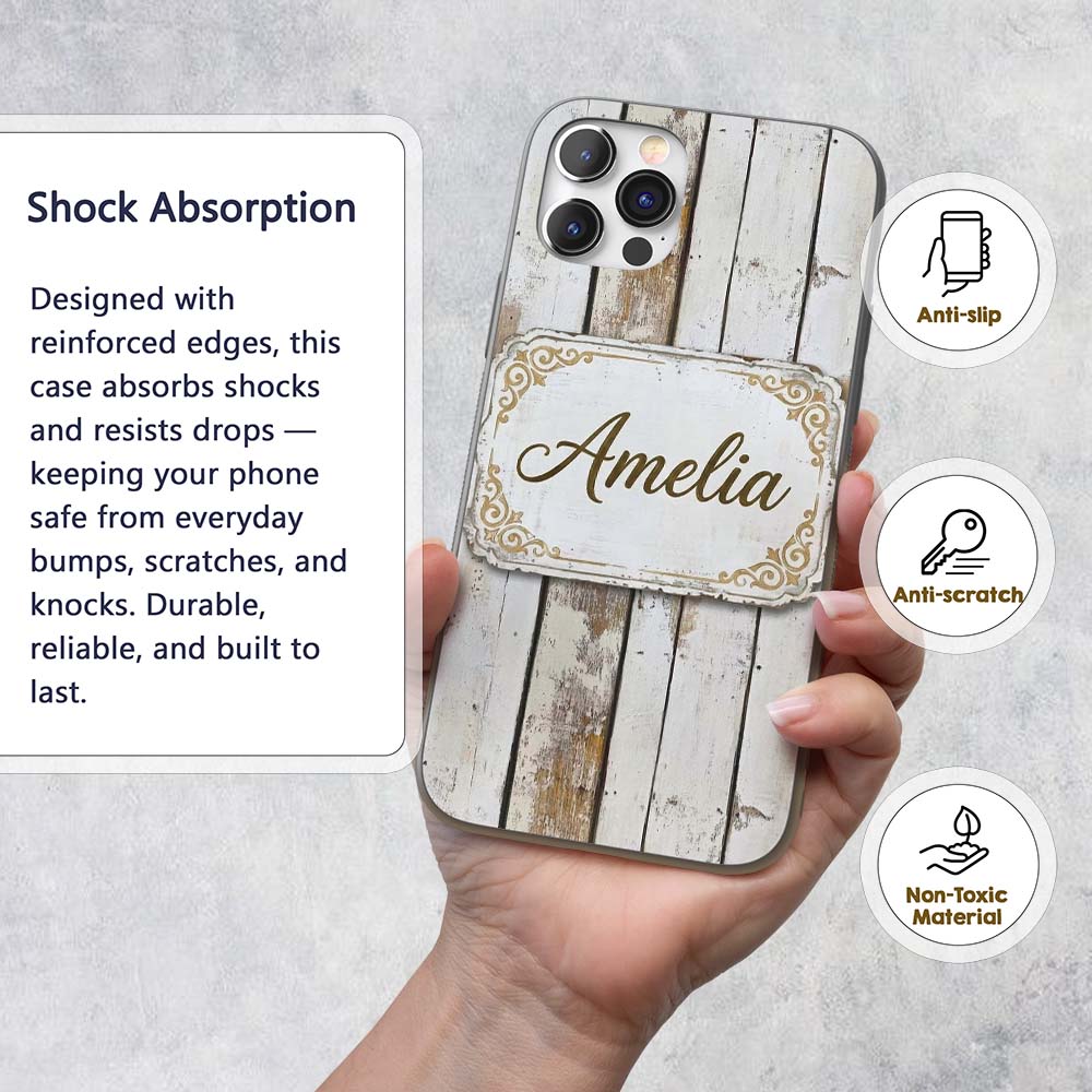 Vertical Weathered Wooden Planks Whitewashed Custom Name Protective Phone Case Mobile Cover Durable Everyday Smartphone Shock Resistant