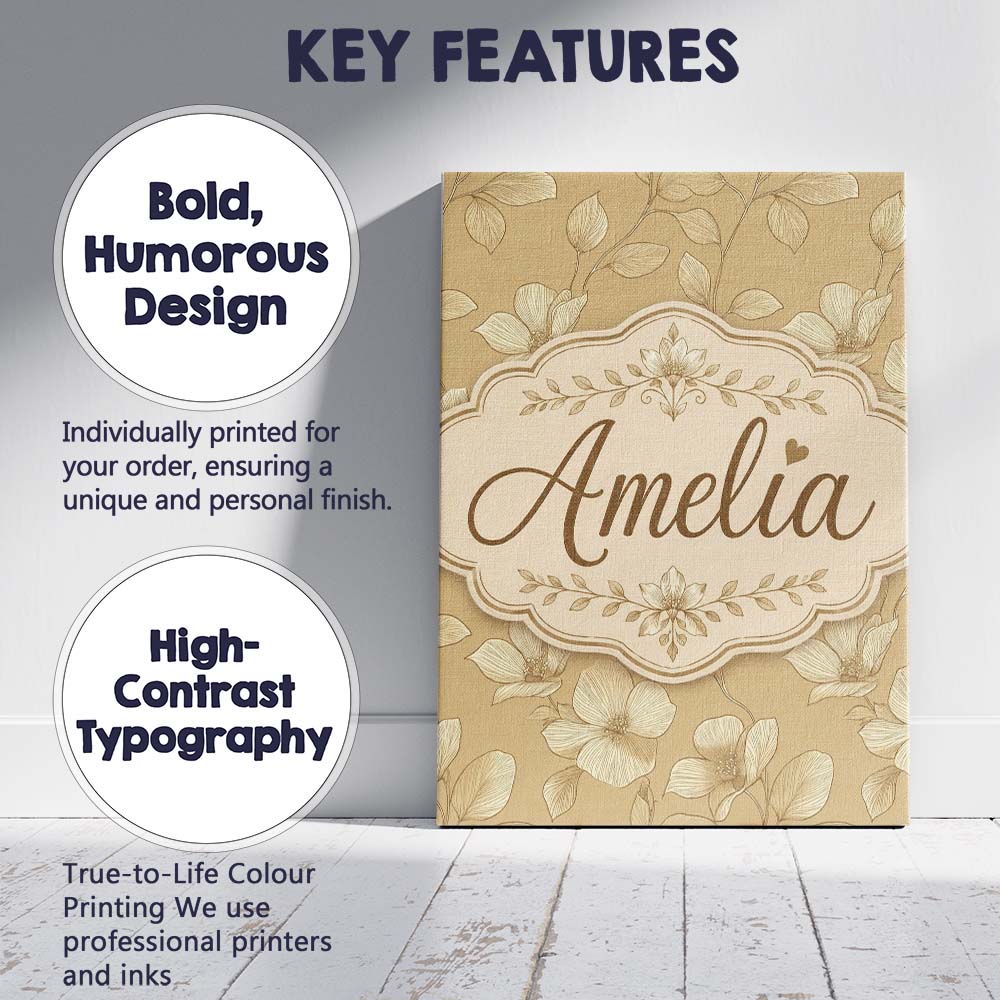Personalised Name Elegant Beige Floral Line Custom Bespoke Interior Contemporary Canvas Wall Art Print Decor Picture Ready to Hang