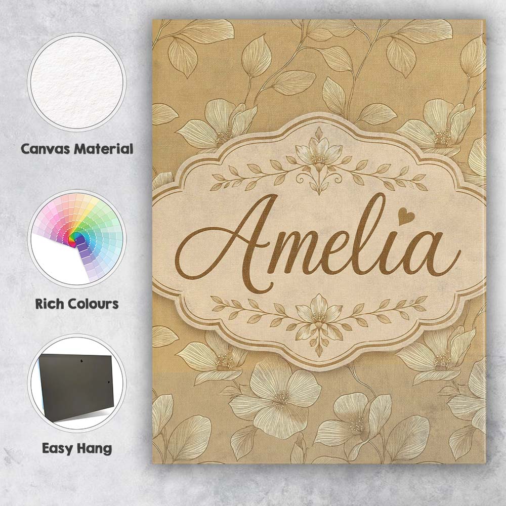 Personalised Name Elegant Beige Floral Line Custom Bespoke Interior Contemporary Canvas Wall Art Print Decor Picture Ready to Hang