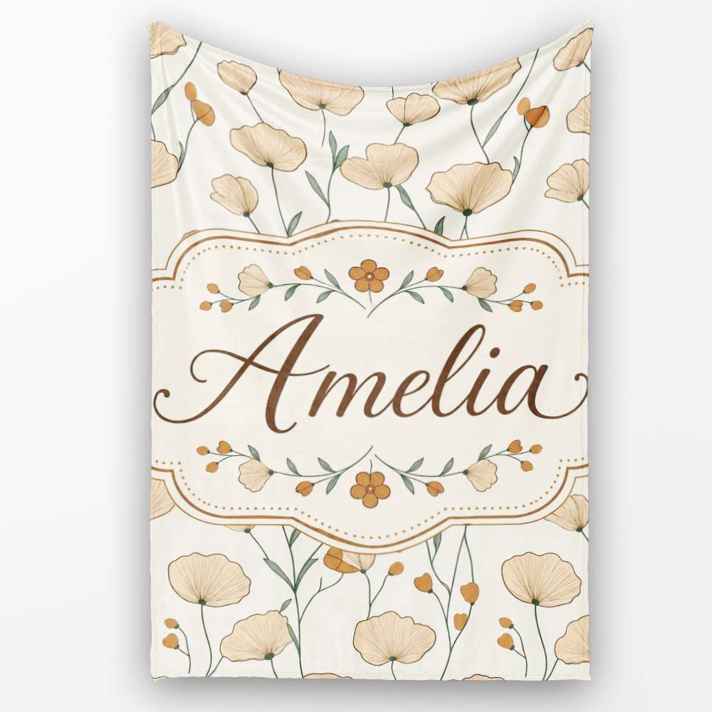 Minimalist Floral Stem Pattern with Botanical Elements Seamless Personalised Custom Name Super Soft Fleece Blanket Bed Sofa Throw