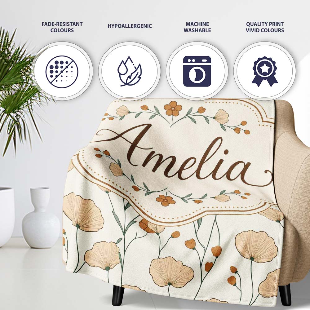 Minimalist Floral Stem Pattern with Botanical Elements Seamless Personalised Custom Name Super Soft Fleece Blanket Bed Sofa Throw