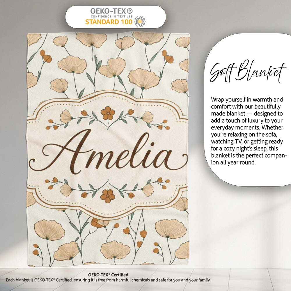 Minimalist Floral Stem Pattern with Botanical Elements Seamless Personalised Custom Name Super Soft Fleece Blanket Bed Sofa Throw