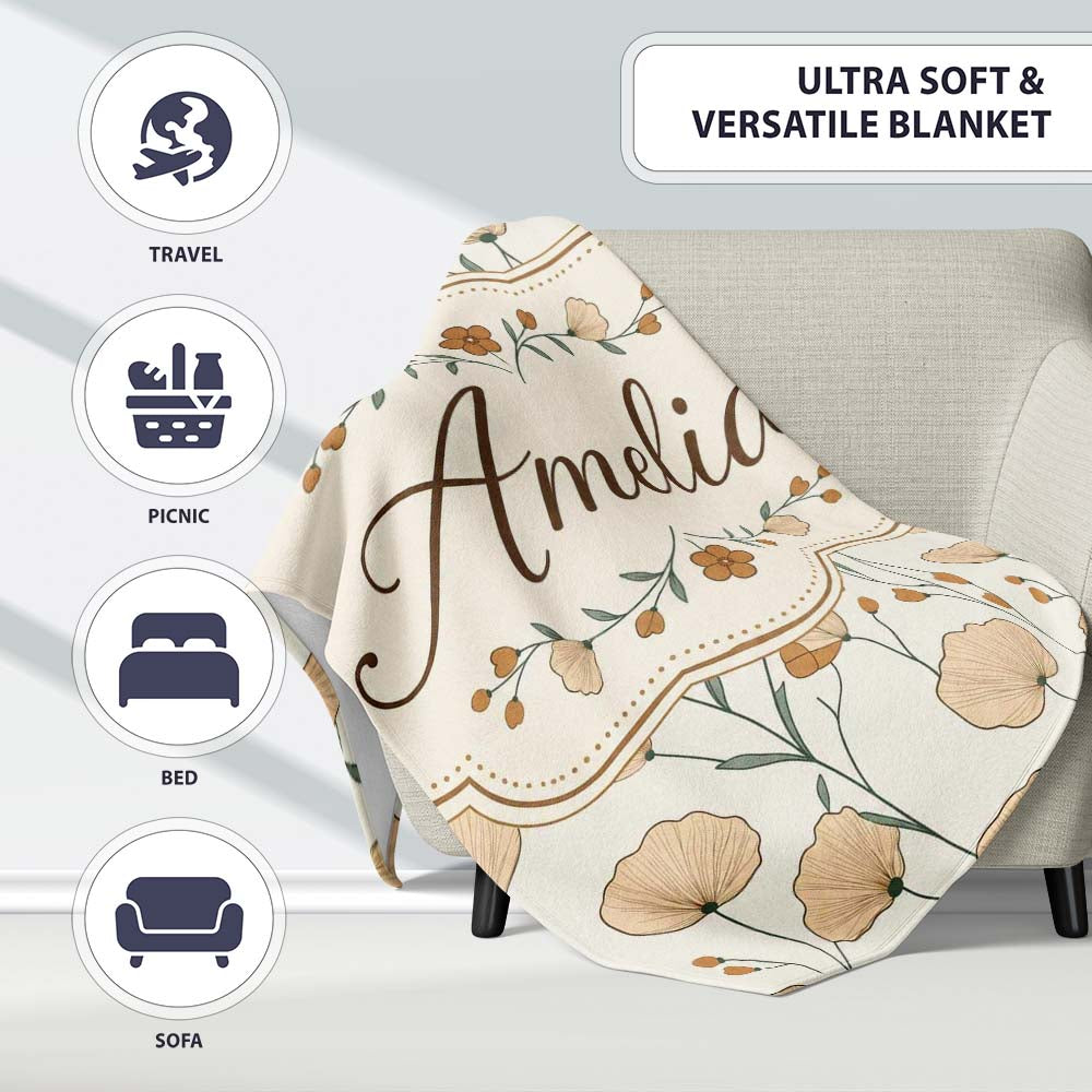 Minimalist Floral Stem Pattern with Botanical Elements Seamless Personalised Custom Name Super Soft Fleece Blanket Bed Sofa Throw