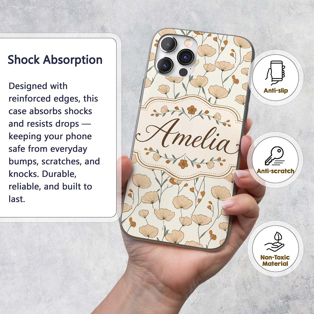 Minimalist Floral Stem Pattern with Botanical Custom Name Protective Phone Case Mobile Cover Durable Everyday Smartphone Shock Resistant