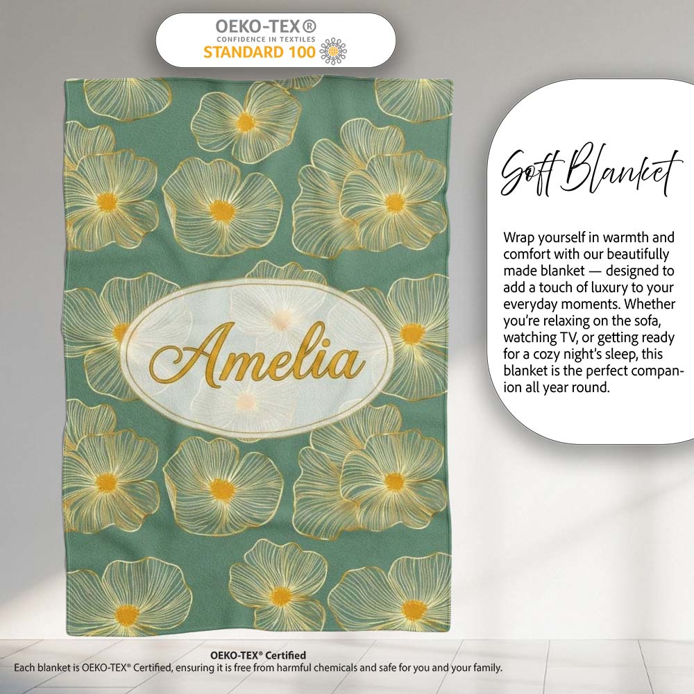 Luxury Teal Background Gold Line Floral Blossoms Elegant Seamless Personalised Custom Name Super Soft Fleece Blanket Bed Sofa Throw