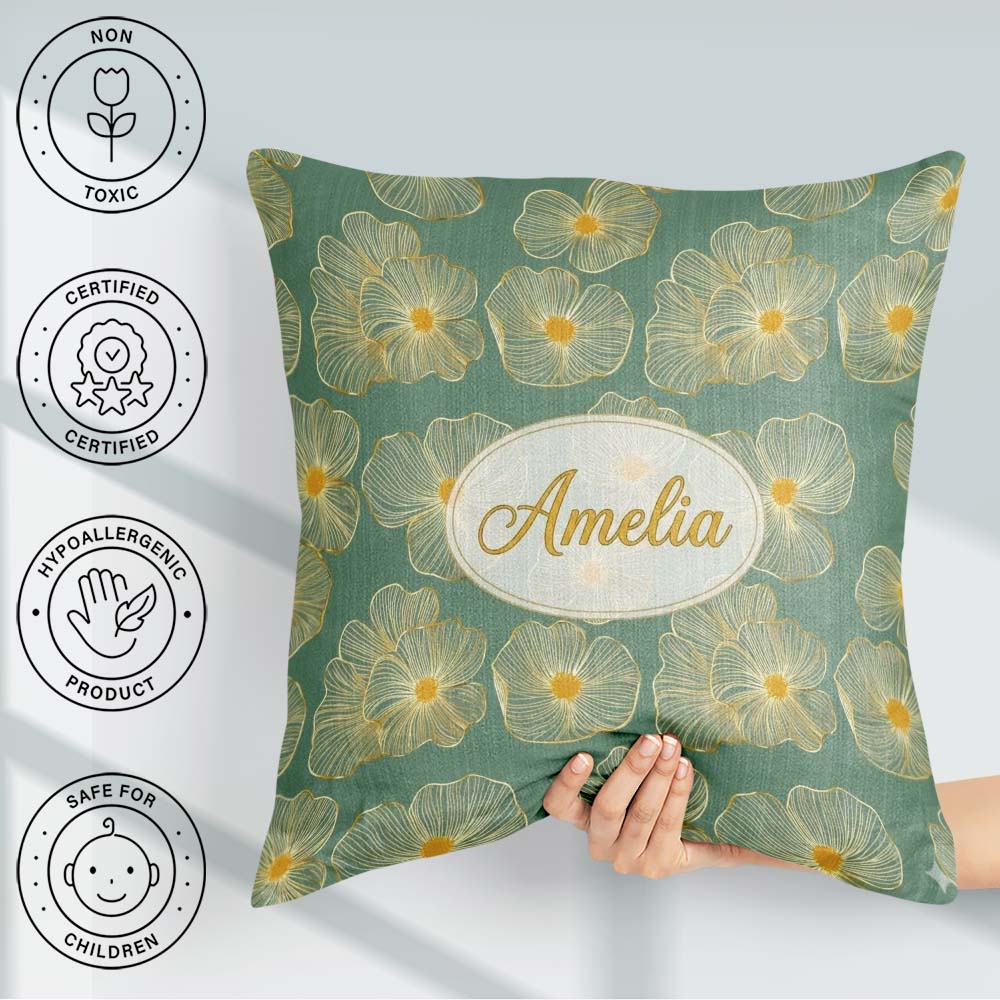 Custom Name Luxury Teal Background Gold Floral Blossoms Seamless Square Filled Cushion Throw Pillow Sofa Bed Home Decor Zip Washable UK Made