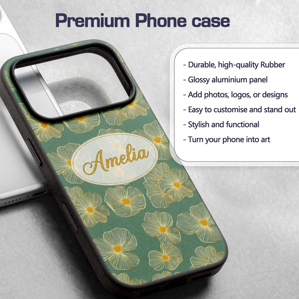 Luxury Teal Background Gold Line Floral Blossoms Custom Name Protective Phone Case Mobile Cover Durable Everyday Smartphone Shock Resistant
