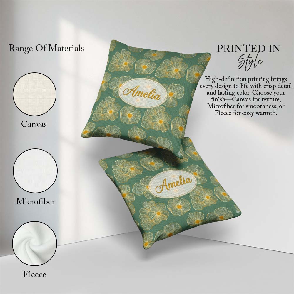 Custom Name Luxury Teal Background Gold Floral Blossoms Seamless Square Filled Cushion Throw Pillow Sofa Bed Home Decor Zip Washable UK Made