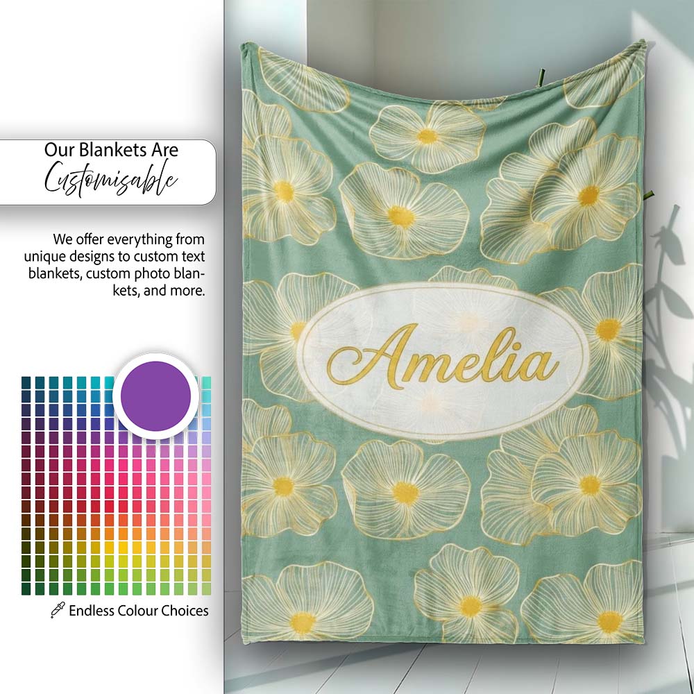 Luxury Teal Background Gold Line Floral Blossoms Elegant Seamless Personalised Custom Name Super Soft Fleece Blanket Bed Sofa Throw
