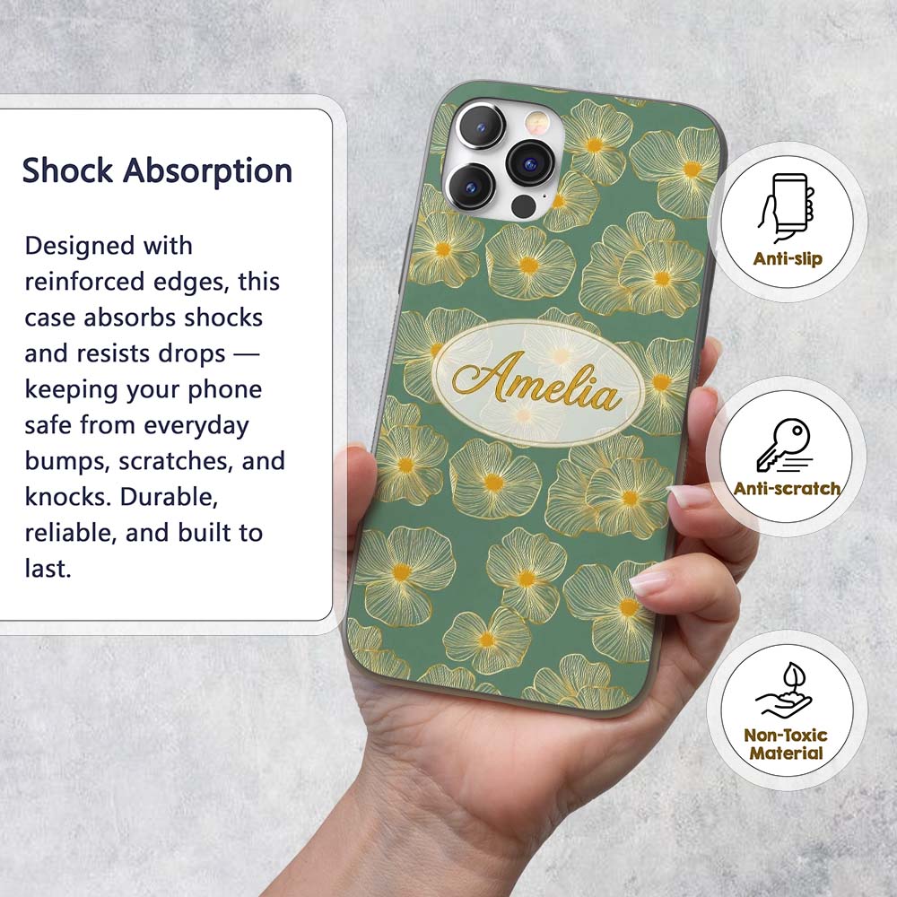 Luxury Teal Background Gold Line Floral Blossoms Custom Name Protective Phone Case Mobile Cover Durable Everyday Smartphone Shock Resistant