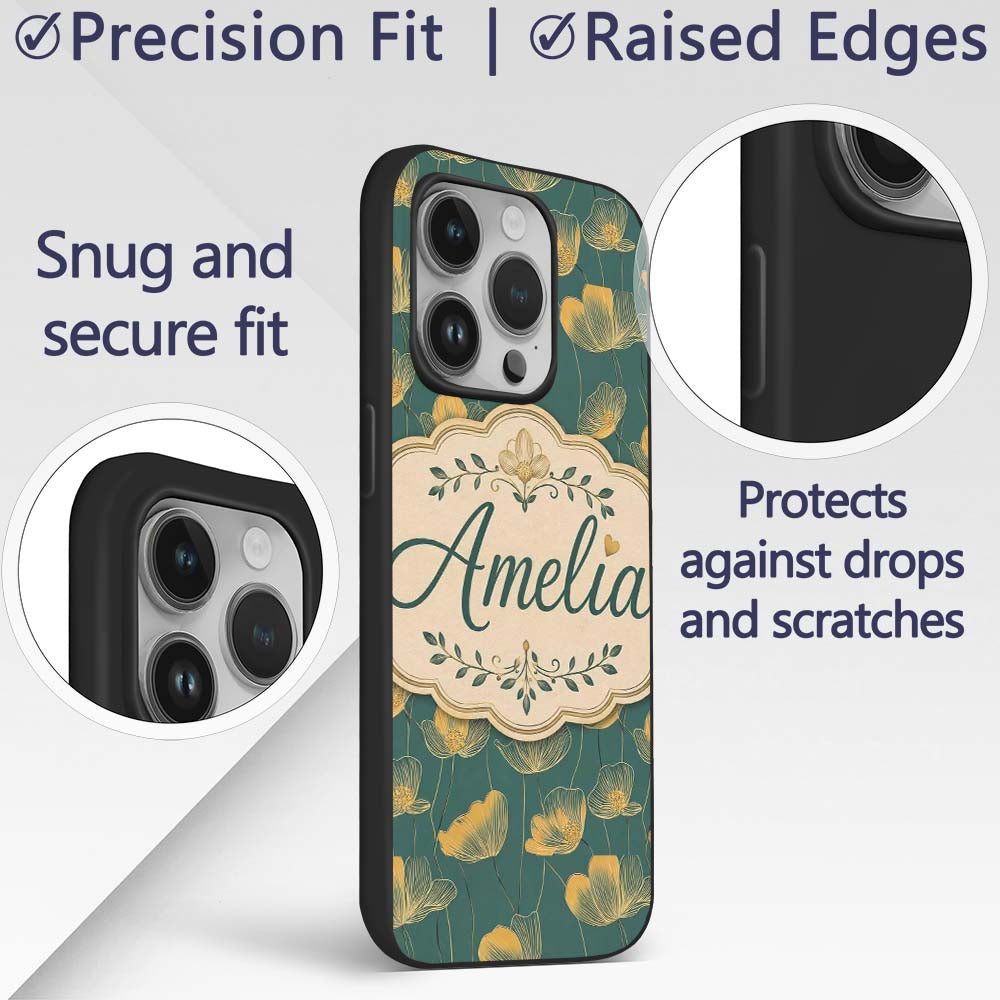 Art Deco Inspired Gold Floral Outline on Deep Custom Name Protective Phone Case Mobile Cover Durable Everyday Smartphone Shock Resistant