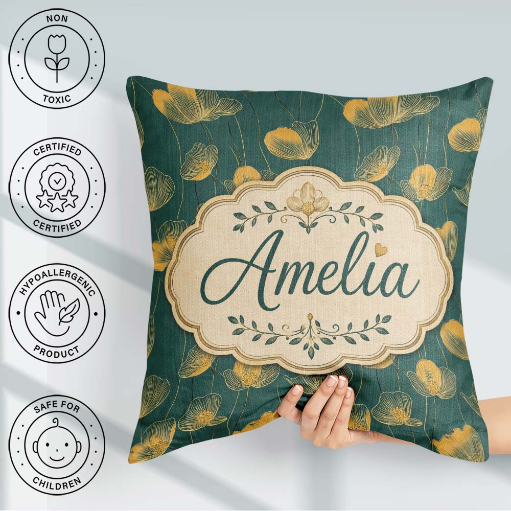 Custom Name Art Deco Gold Floral Outline on Deep Teal Background Square Filled Cushion Throw Pillow Sofa Bed Home Decor Zip Washable UK Made