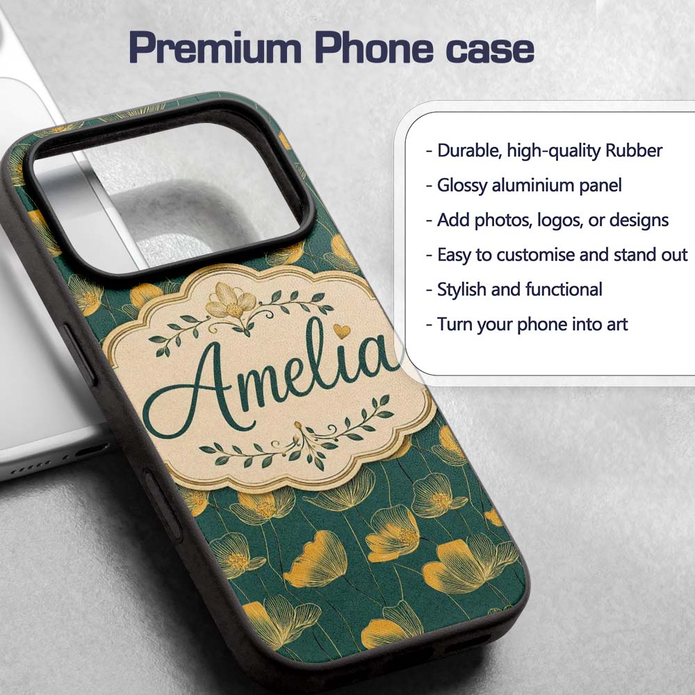 Art Deco Inspired Gold Floral Outline on Deep Custom Name Protective Phone Case Mobile Cover Durable Everyday Smartphone Shock Resistant