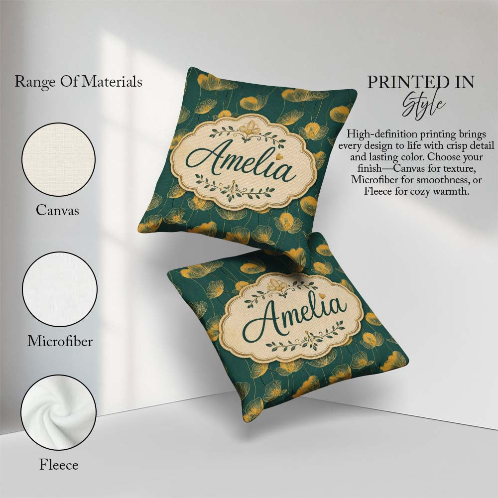 Custom Name Art Deco Gold Floral Outline on Deep Teal Background Square Filled Cushion Throw Pillow Sofa Bed Home Decor Zip Washable UK Made