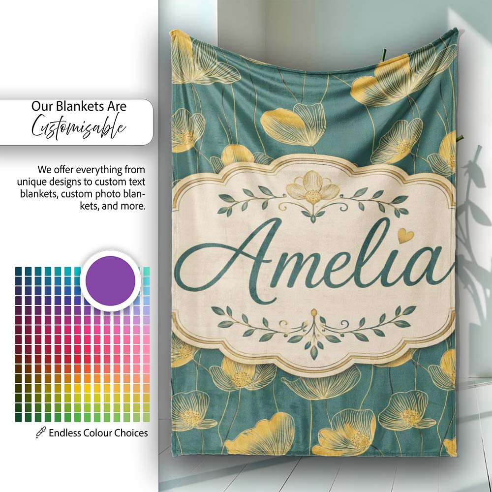 Art Deco Inspired Gold Floral Outline on Deep Teal Background Lovely Personalised Custom Name Super Soft Fleece Blanket Bed Sofa Throw