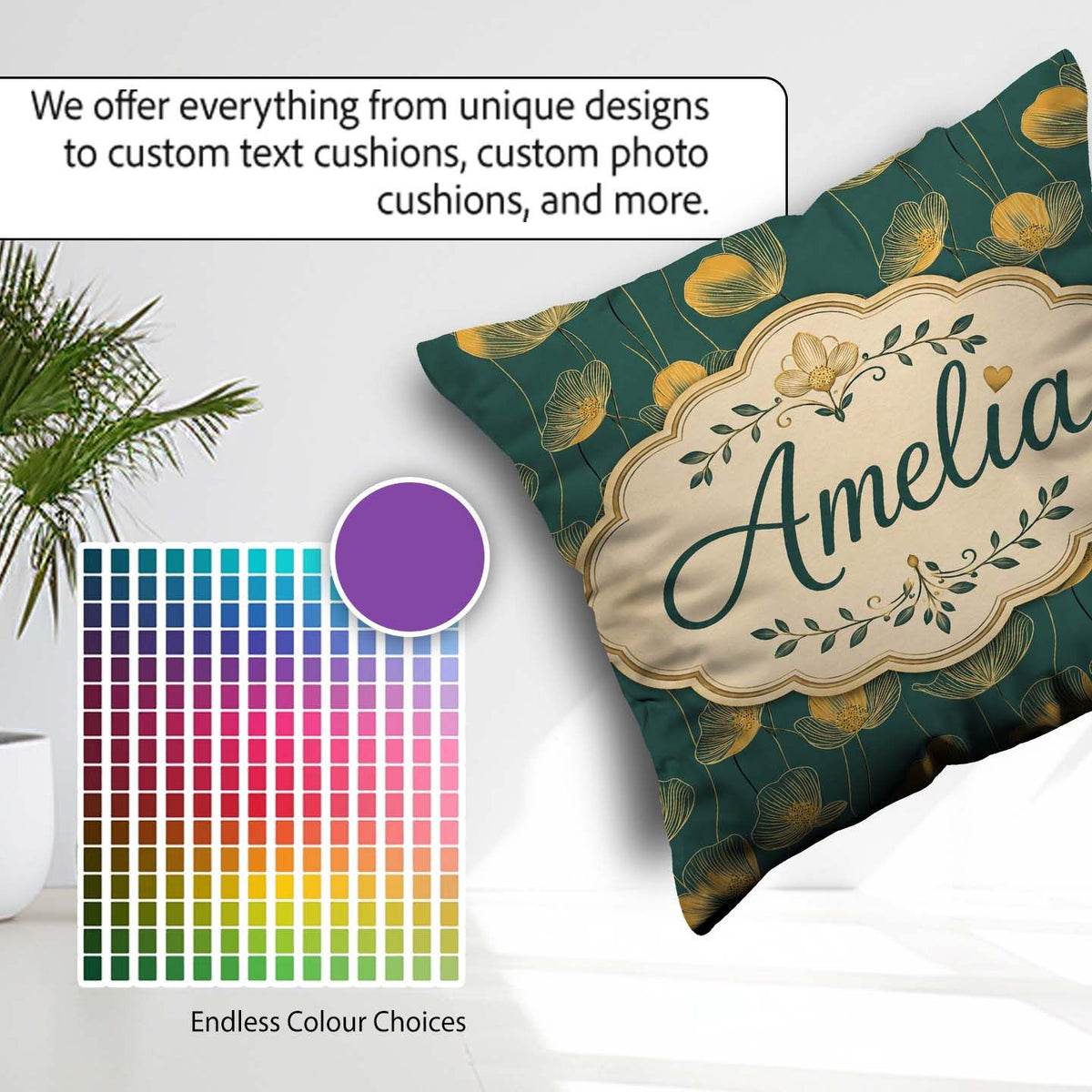 Custom Name Art Deco Gold Floral Outline on Deep Teal Background Square Filled Cushion Throw Pillow Sofa Bed Home Decor Zip Washable UK Made