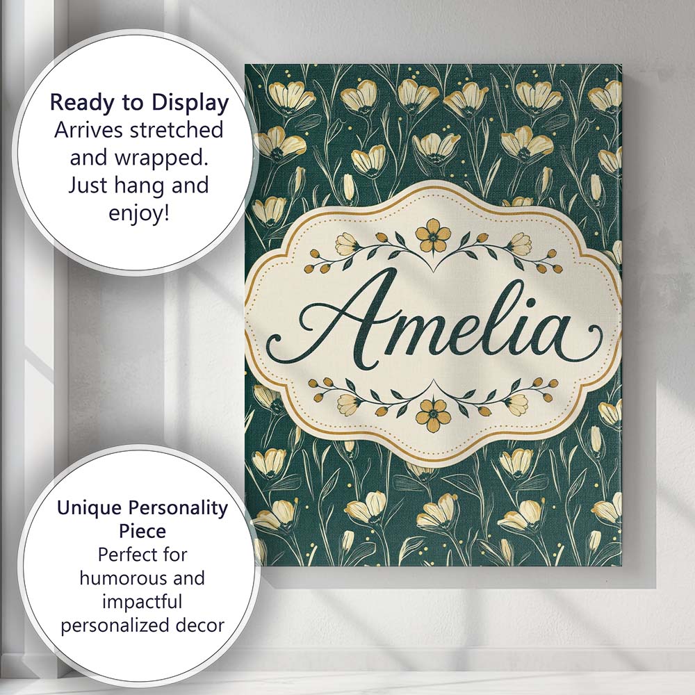 Personalised Name Elegant Dark Teal Floral Custom Bespoke Contemporary Statement Canvas Wall Art Print Decor Picture Ready to Hang