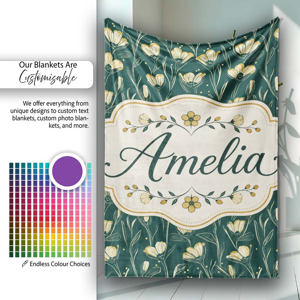 Elegant Dark Teal Floral Wildflower Pattern with Soft Yellow Lovely Personalised Custom Name Super Soft Fleece Blanket Bed Sofa Throw