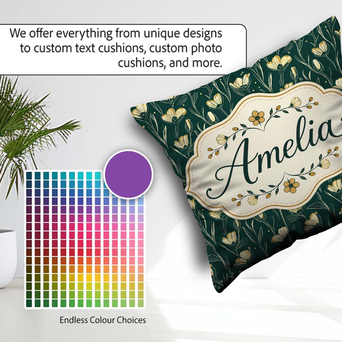 Custom Name Elegant Dark Teal Floral Wildflower with Soft Yellow Square Filled Cushion Throw Pillow Sofa Bed Home Decor Zip Washable UK Made