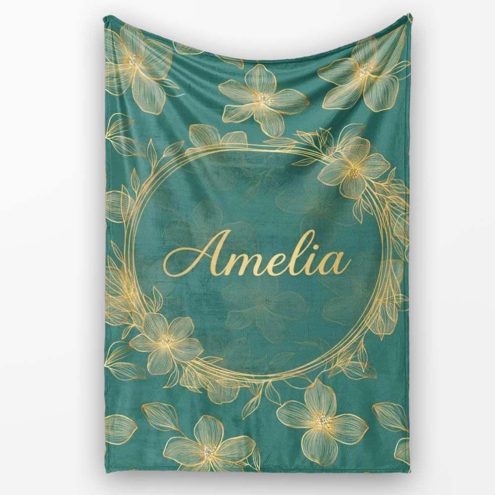 Luxury Teal Background Gold Line Art Floral Blossoms Seamless Lovely Personalised Custom Name Super Soft Fleece Blanket Bed Sofa Throw