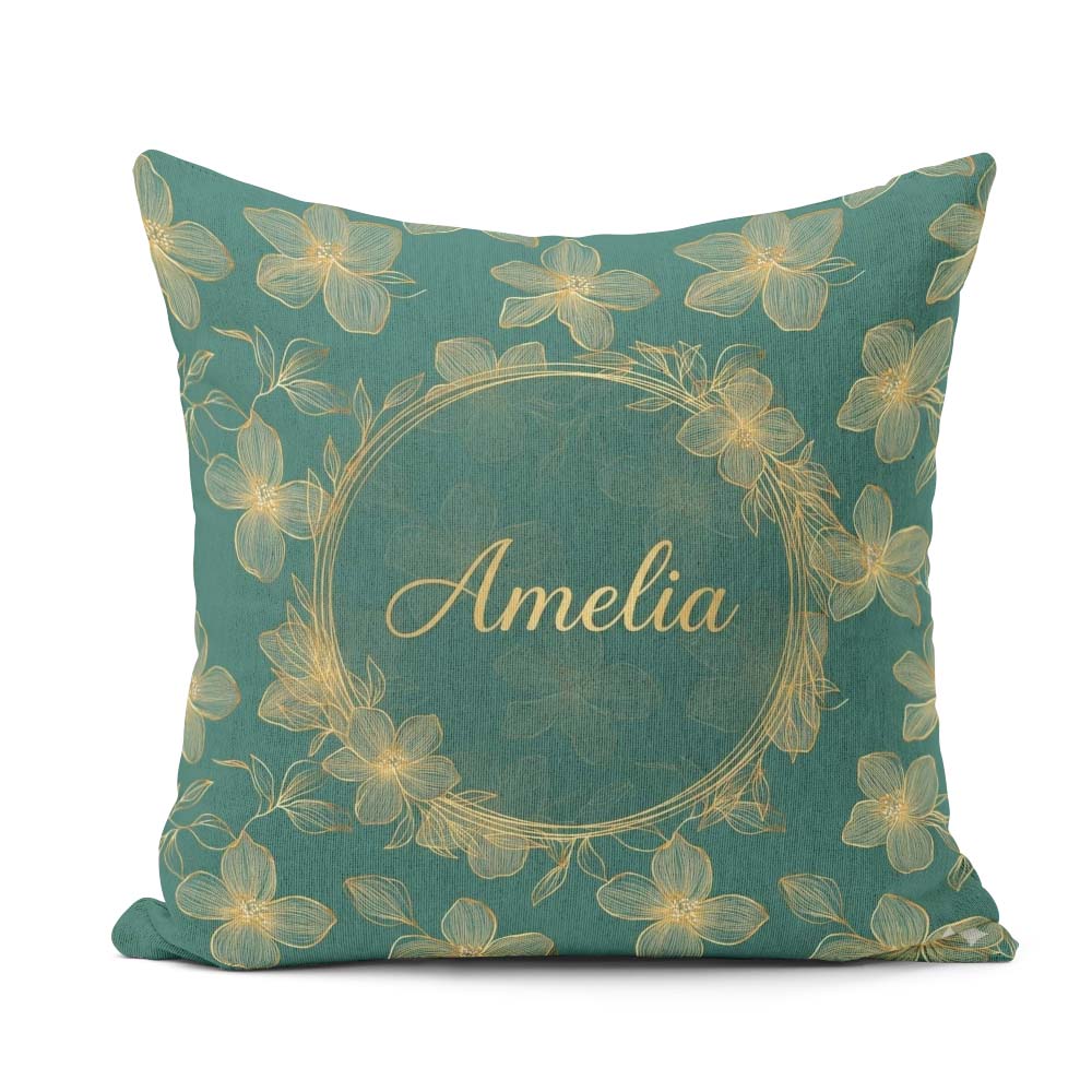 Custom Name Luxury Teal Background Gold Line Art Floral Blossoms Square Filled Cushion Throw Pillow Sofa Bed Home Decor Zip Washable UK Made