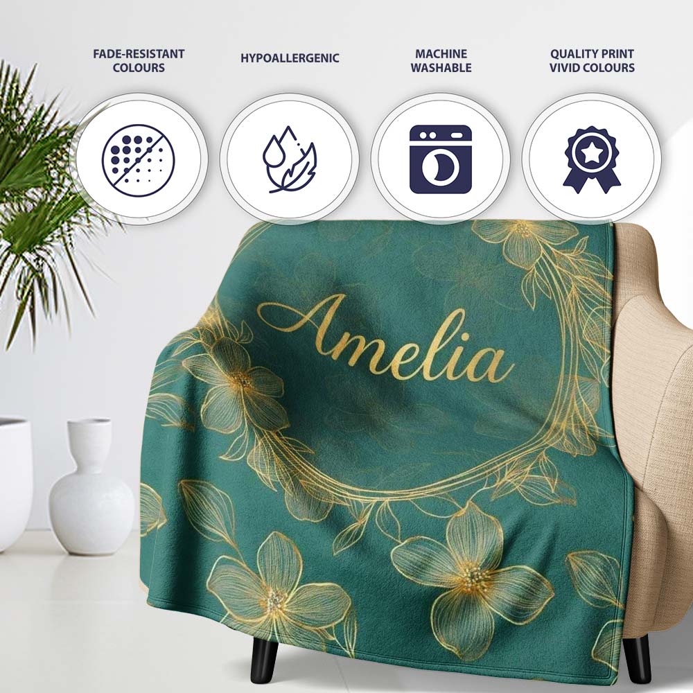 Luxury Teal Background Gold Line Art Floral Blossoms Seamless Lovely Personalised Custom Name Super Soft Fleece Blanket Bed Sofa Throw
