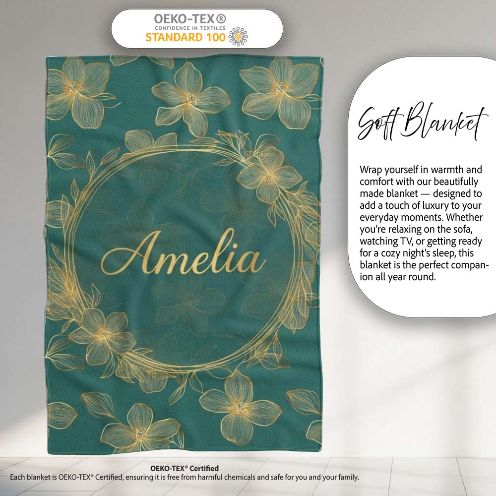 Luxury Teal Background Gold Line Art Floral Blossoms Seamless Lovely Personalised Custom Name Super Soft Fleece Blanket Bed Sofa Throw