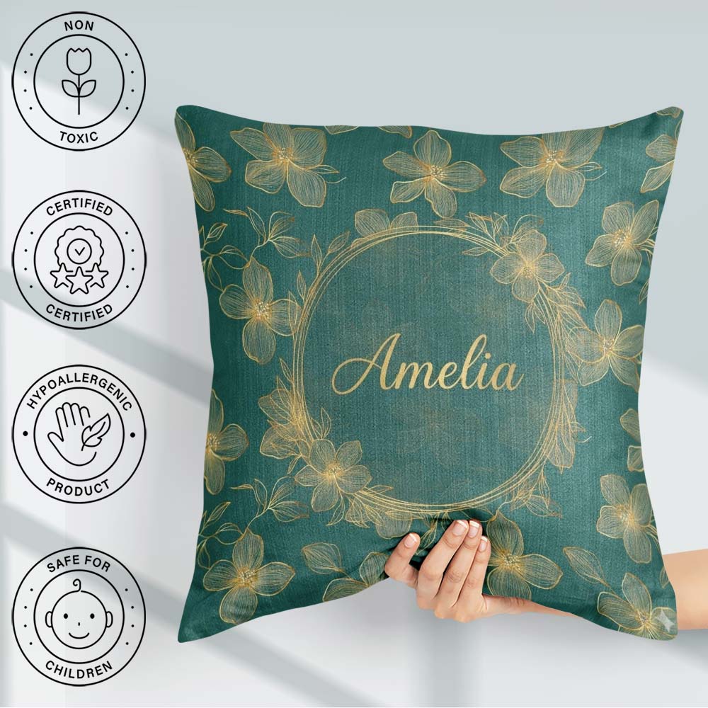 Custom Name Luxury Teal Background Gold Line Art Floral Blossoms Square Filled Cushion Throw Pillow Sofa Bed Home Decor Zip Washable UK Made