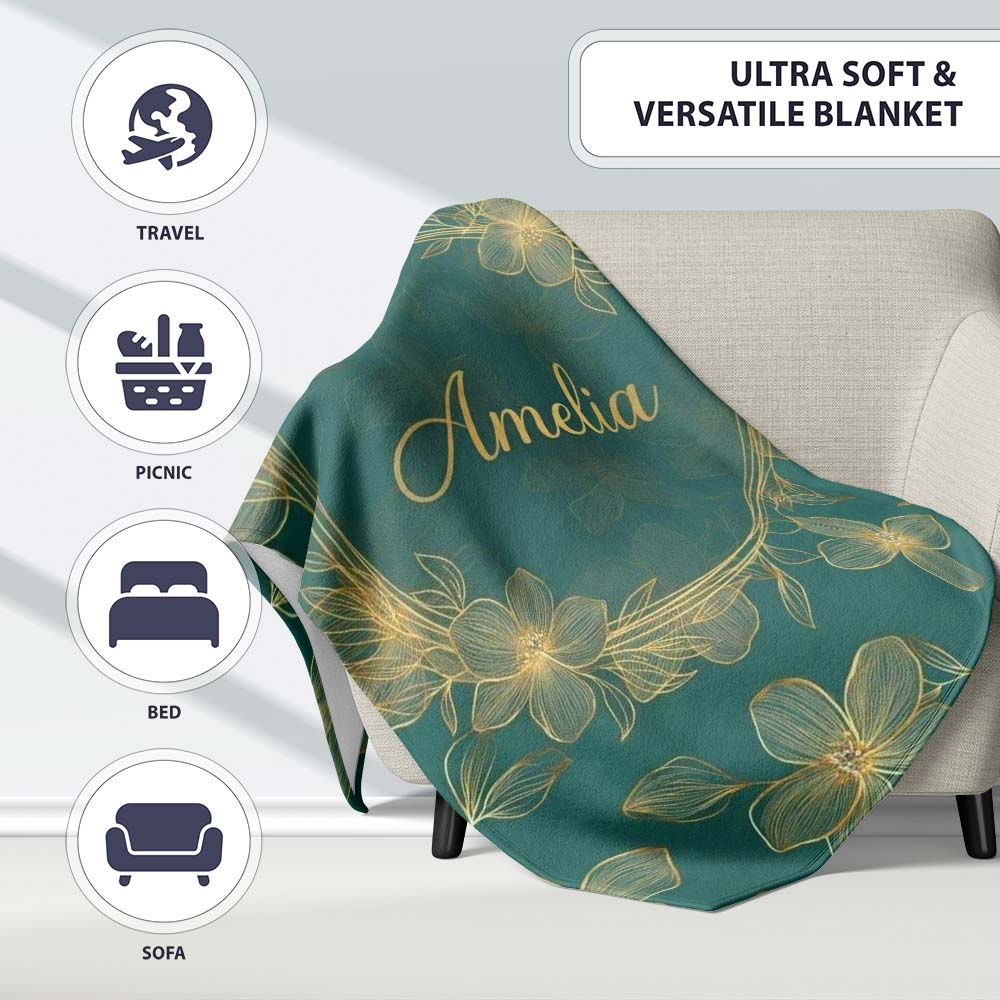 Luxury Teal Background Gold Line Art Floral Blossoms Seamless Lovely Personalised Custom Name Super Soft Fleece Blanket Bed Sofa Throw
