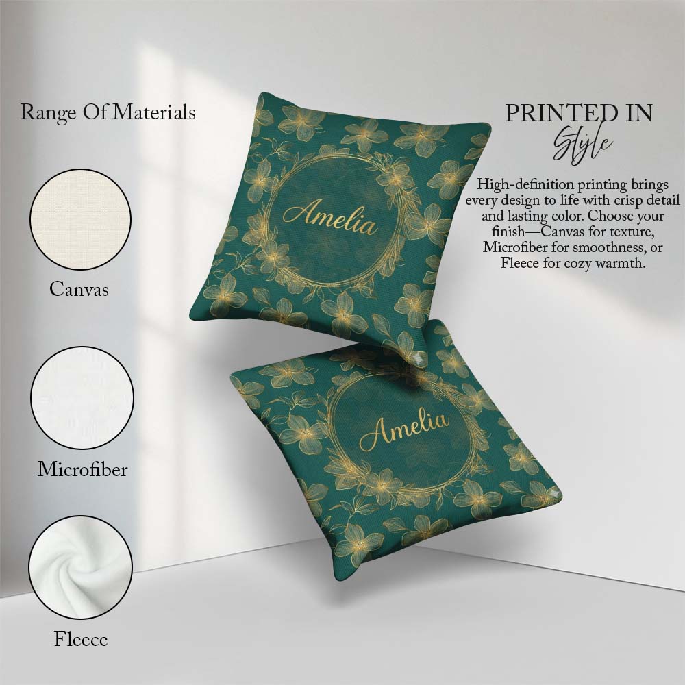 Custom Name Luxury Teal Background Gold Line Art Floral Blossoms Square Filled Cushion Throw Pillow Sofa Bed Home Decor Zip Washable UK Made