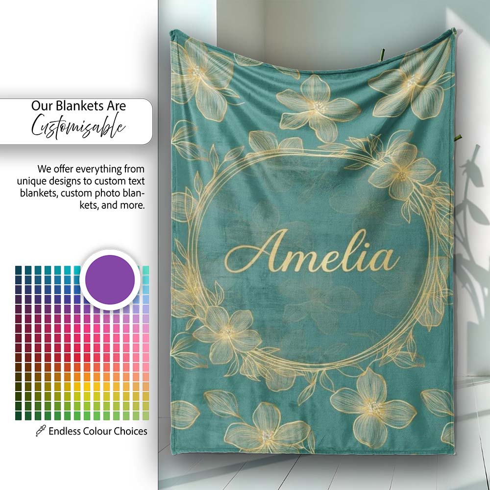 Luxury Teal Background Gold Line Art Floral Blossoms Seamless Lovely Personalised Custom Name Super Soft Fleece Blanket Bed Sofa Throw