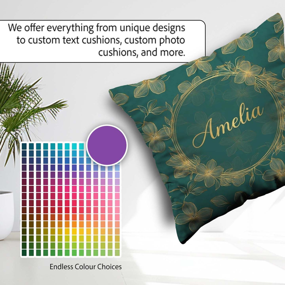 Custom Name Luxury Teal Background Gold Line Art Floral Blossoms Square Filled Cushion Throw Pillow Sofa Bed Home Decor Zip Washable UK Made