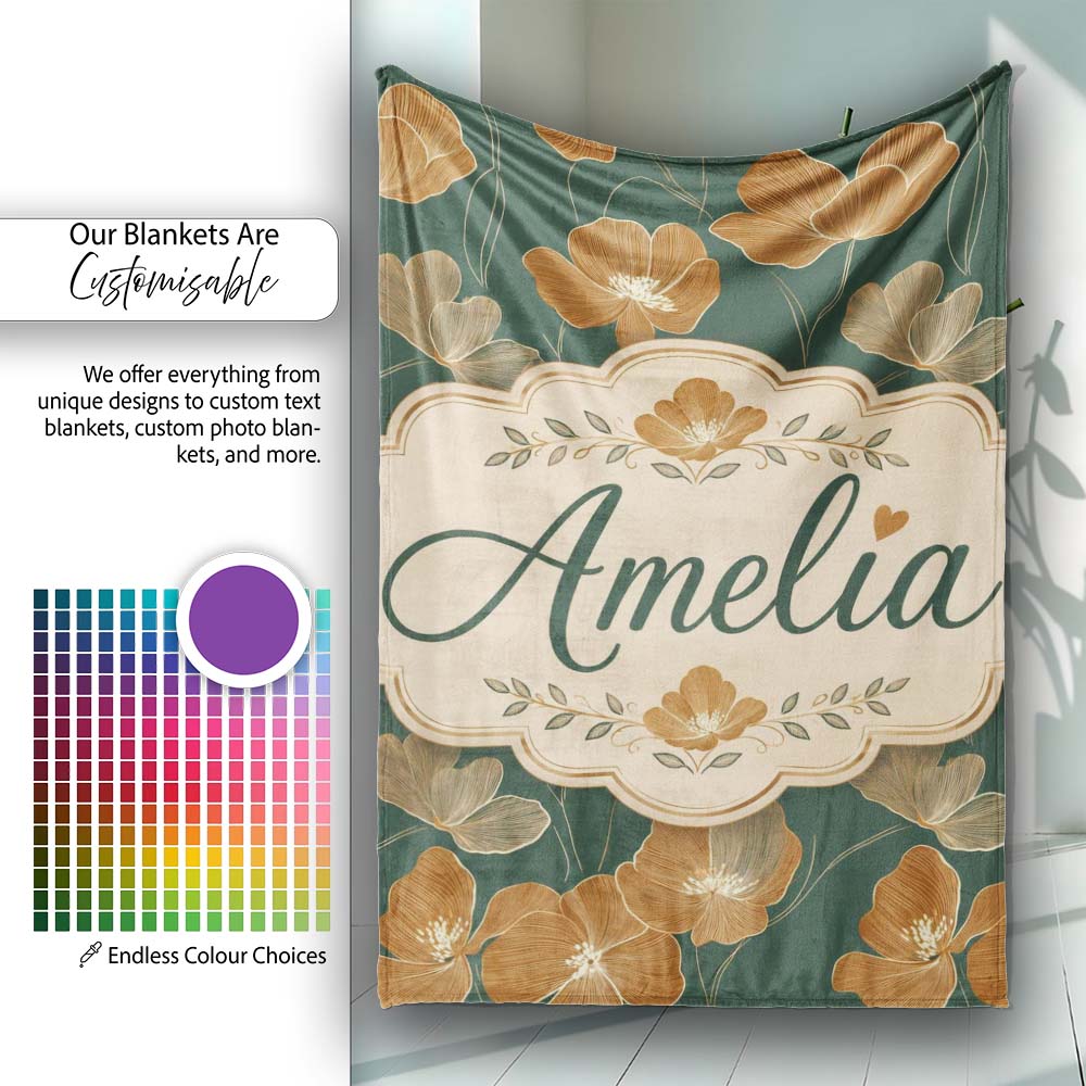 Rustic Autumn Floral Pattern with Warm and Deep Green Seamless Personalised Custom Name Super Soft Fleece Blanket Bed Sofa Throw