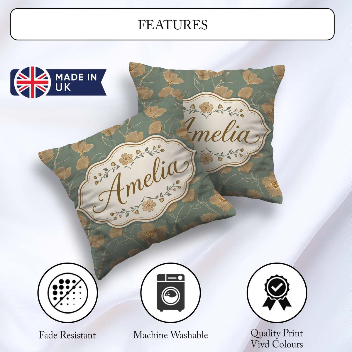Custom Name Soft Sage Green Botanical Floral with Delicate Beige Square Filled Cushion Throw Pillow Sofa Bed Home Decor Zip Washable UK Made