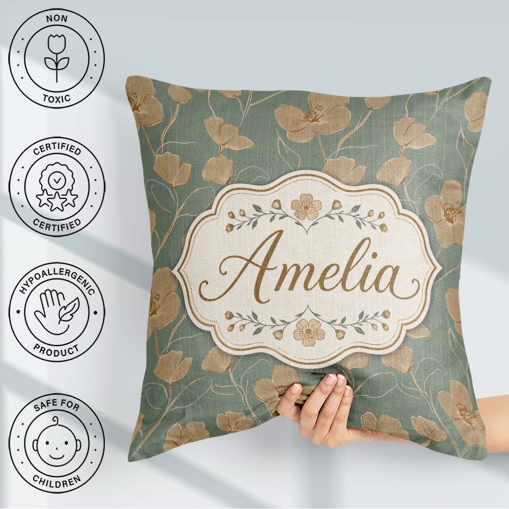 Custom Name Soft Sage Green Botanical Floral with Delicate Beige Square Filled Cushion Throw Pillow Sofa Bed Home Decor Zip Washable UK Made