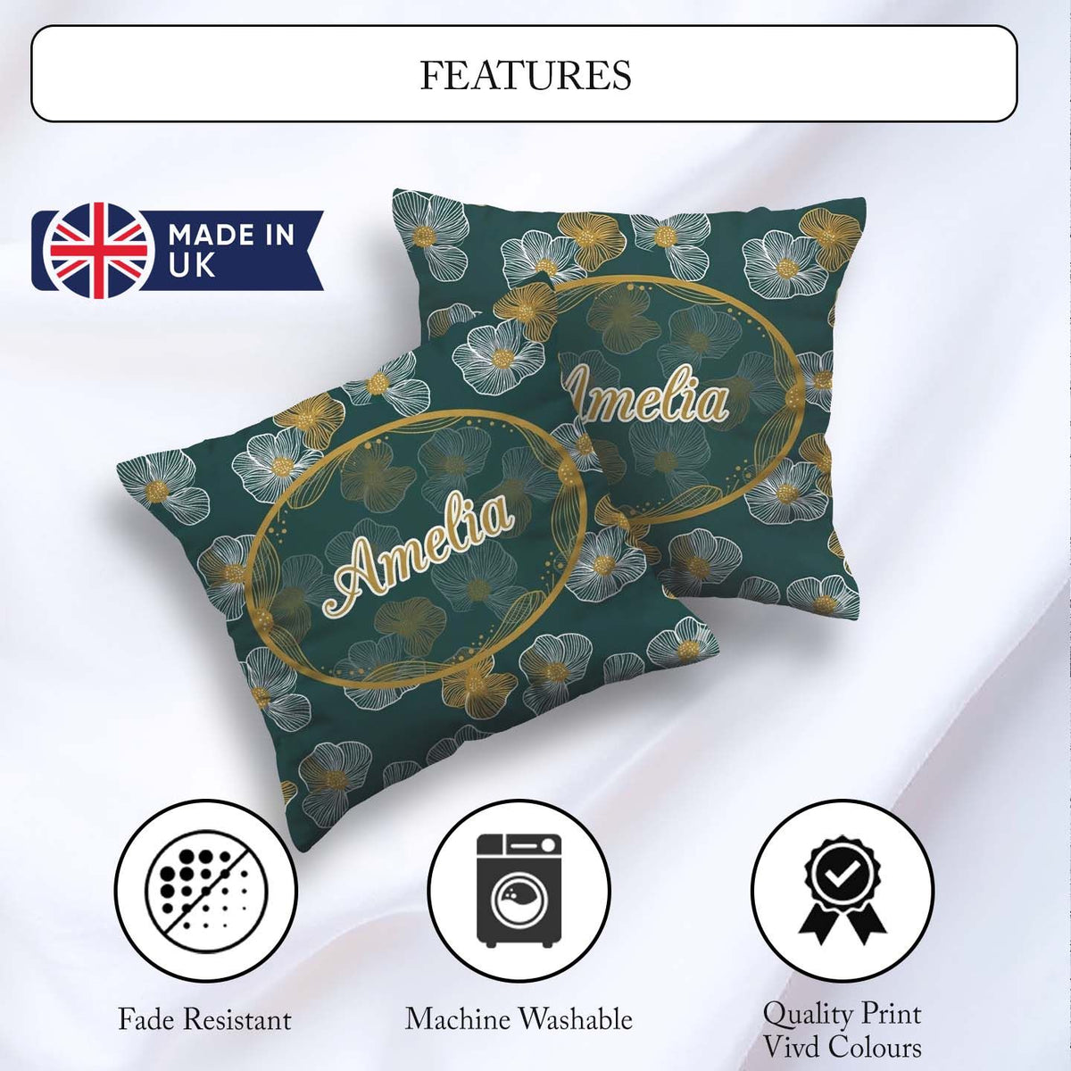Custom Name Modern Teal Floral Pattern with and Mustard Blossoms Square Filled Cushion Throw Pillow Sofa Bed Home Decor Zip Washable UK Made