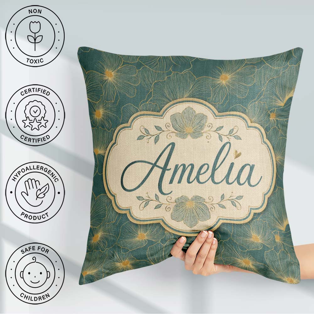Custom Name Artistic Teal Floral Outline Pattern with Large Gold Square Filled Cushion Throw Pillow Sofa Bed Home Decor Zip Washable UK Made