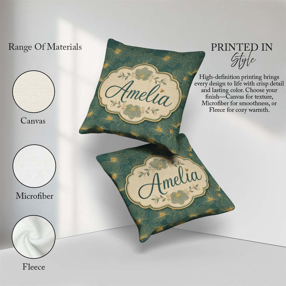 Custom Name Artistic Teal Floral Outline Pattern with Large Gold Square Filled Cushion Throw Pillow Sofa Bed Home Decor Zip Washable UK Made