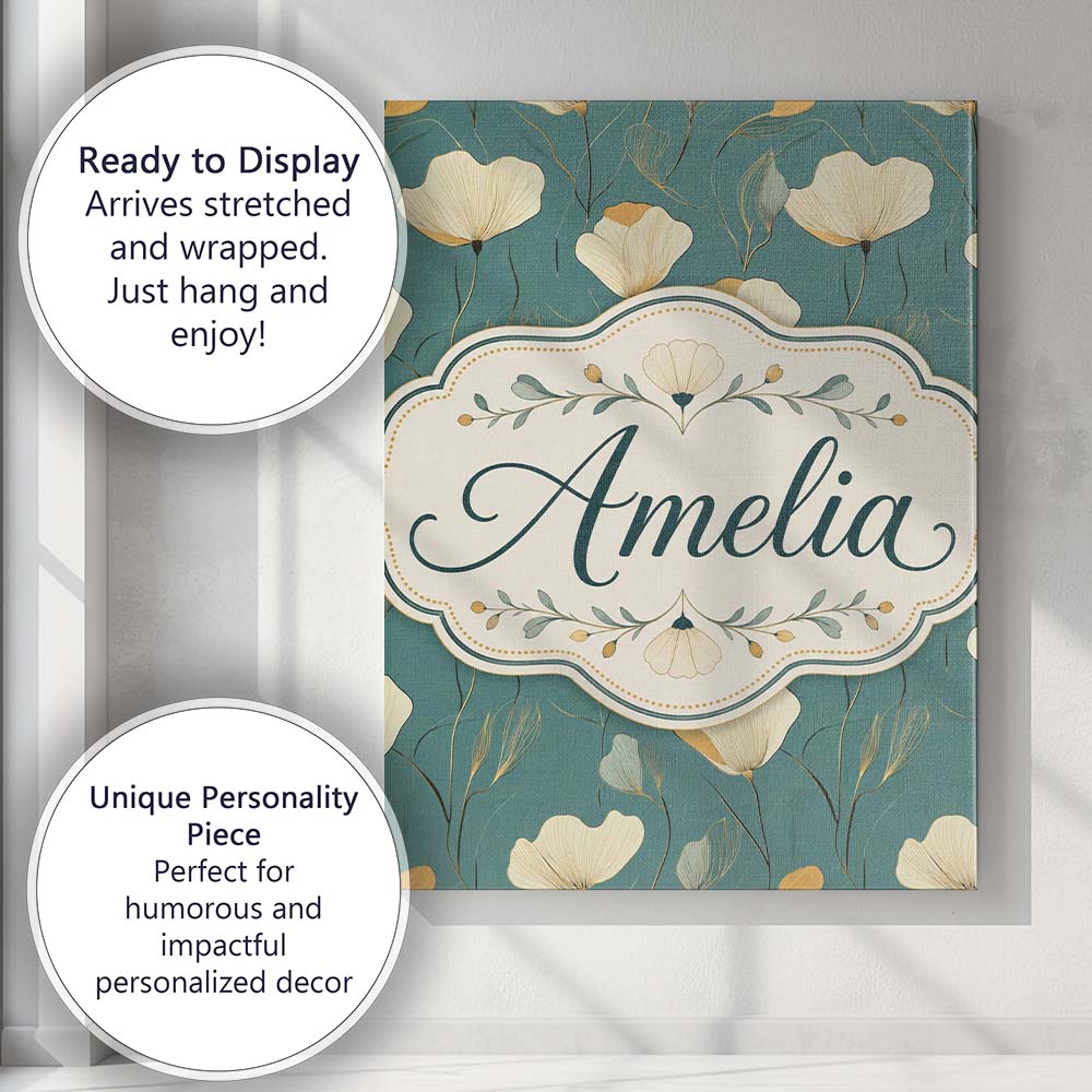 Personalised Name Contemporary Teal Botanical Custom Unique Gift Idea Modern Room Accent Canvas Wall Art Print Decor Picture Ready to Hang