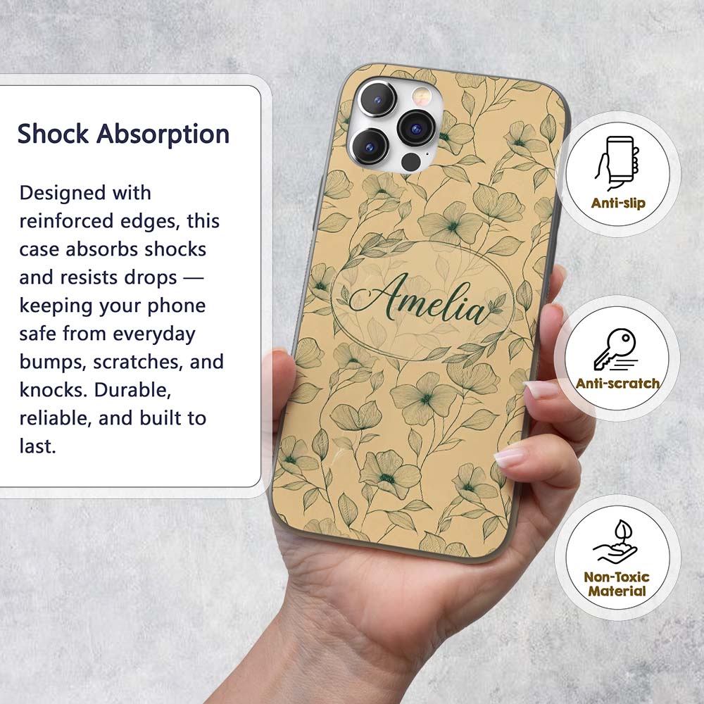 Vintage Beige Floral Botanical Pattern with Fine Custom Name Protective Phone Case Mobile Cover Durable Everyday Smartphone Shock Resistant