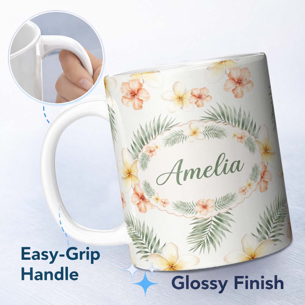Personalized Custom Name Tropical Hibiscus and Frangipani Floral Pattern with Palm Leaves 11oz Ceramic Coffee Tea Mug White Large Handle
