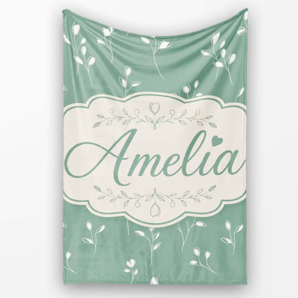 Minimalist Sage Green Floral Bud Pattern with Delicate White Line Personalised Custom Name Super Soft Fleece Blanket Bed Sofa Throw