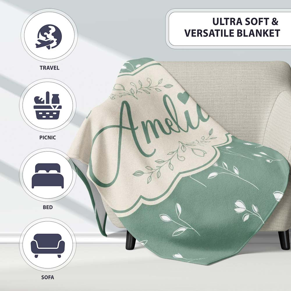 Minimalist Sage Green Floral Bud Pattern with Delicate White Line Personalised Custom Name Super Soft Fleece Blanket Bed Sofa Throw