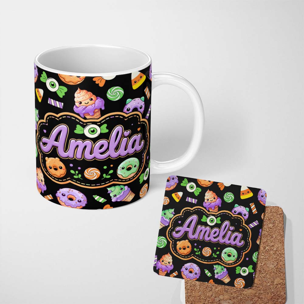 Personalized Custom Name Cute Halloween Candy Donuts Ice Cream Kawaii Pattern Light Grey 11oz Ceramic Coffee Tea Mug White Large Handle