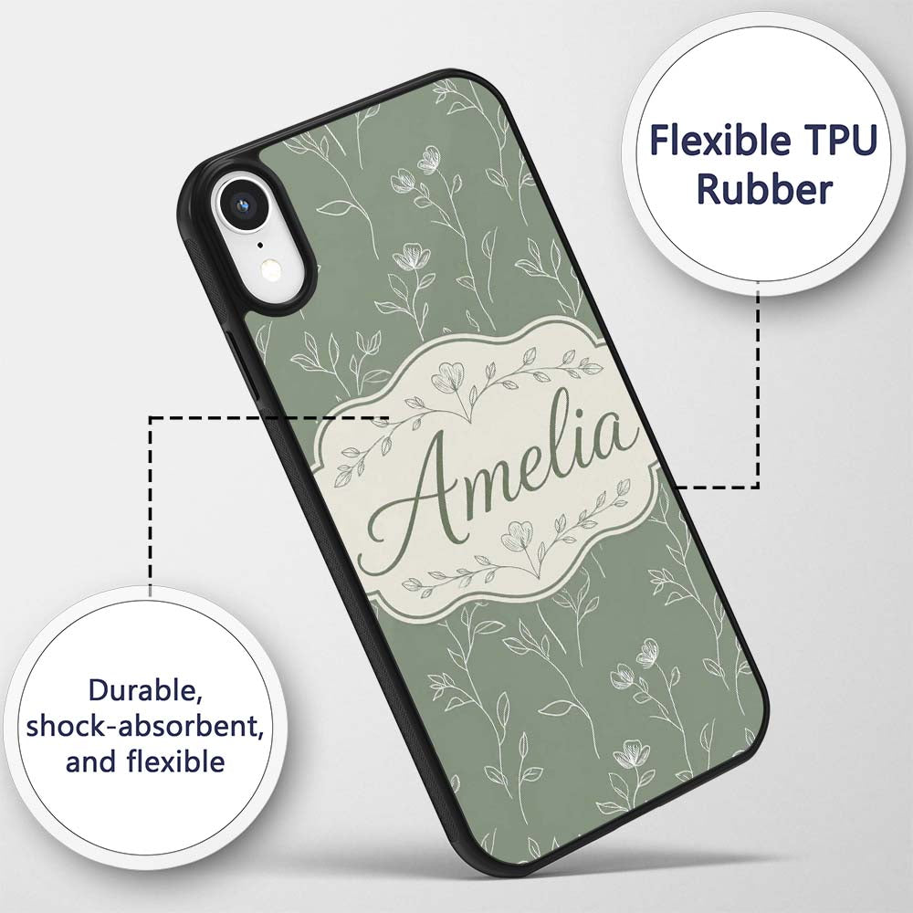 Soft Green Botanical Line Art Floral Pattern with Custom Name Protective Phone Case Mobile Cover Durable Everyday Smartphone Shock Resistant