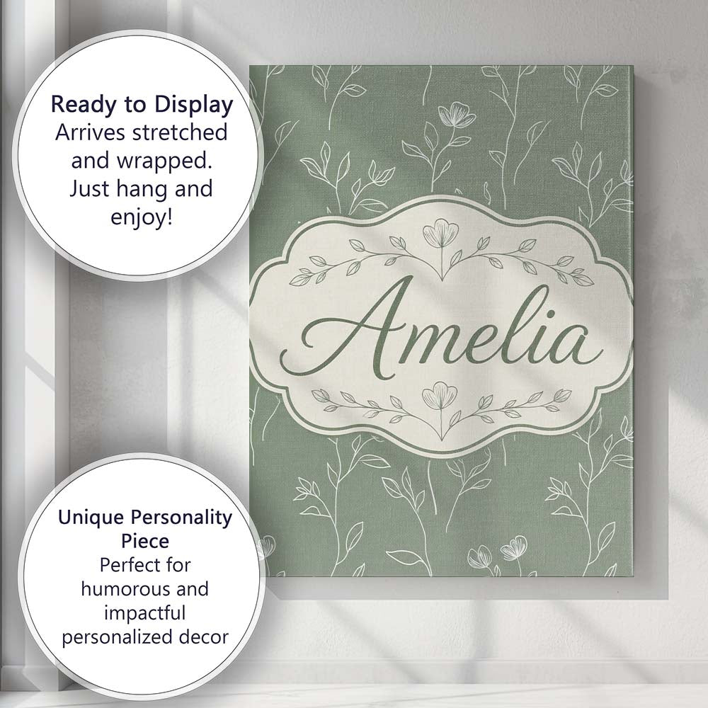 Personalised Name Soft Green Botanical Line Custom Bespoke Interior Contemporary Canvas Wall Art Print Decor Picture Ready to Hang