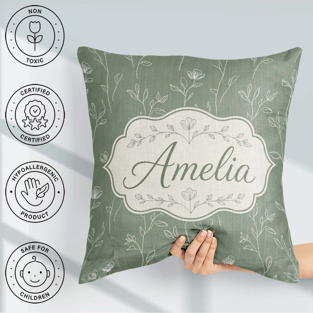 Custom Name Soft Green Botanical Line Art Floral Pattern Minimal Square Filled Cushion Throw Pillow Sofa Bed Home Decor Zip Washable UK Made