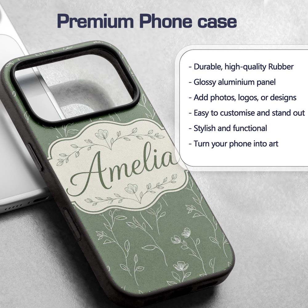 Soft Green Botanical Line Art Floral Pattern with Custom Name Protective Phone Case Mobile Cover Durable Everyday Smartphone Shock Resistant
