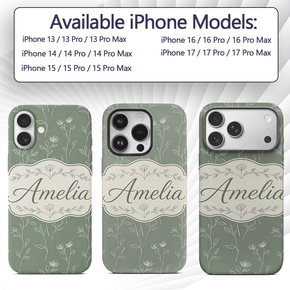 Soft Green Botanical Line Art Floral Pattern with Custom Name Protective Phone Case Mobile Cover Durable Everyday Smartphone Shock Resistant